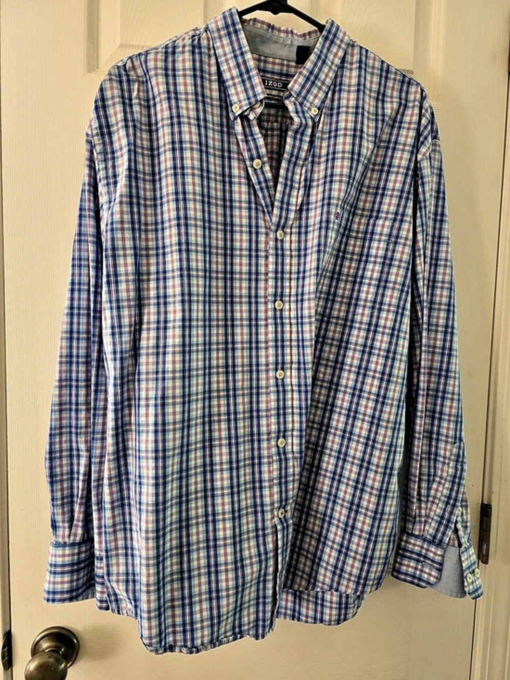 IZOD Premium Essentials Plaid Button Down in Blue & Purple XL NWT